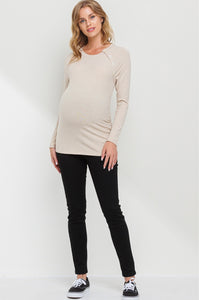 Button Neck Ribbed Maternity Shirt - oatmeal sz small