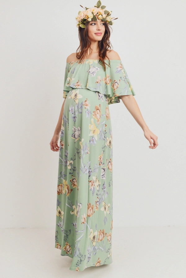 Ruffle Off The Shoulder Maxi Maternity Dress