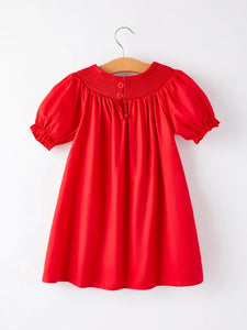 Embroidered Bow Smocked Red Dress