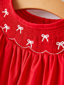 Embroidered Bow Smocked Red Dress