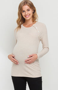 Button Neck Ribbed Maternity Shirt - oatmeal