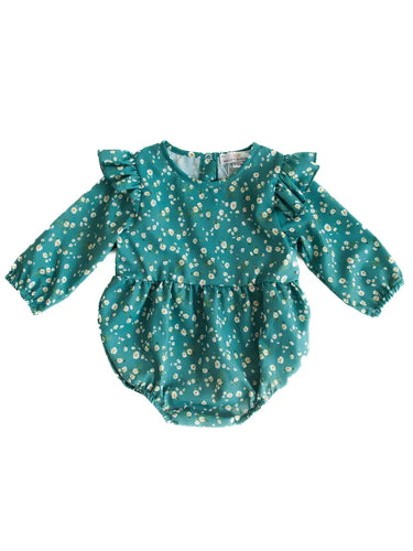 Baby Ruffle Bubble Romper - Green Daisies (9-12 months)